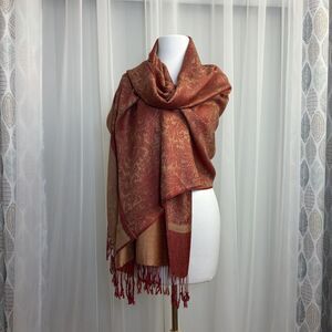 Reversible Pashmina Cashmere Silk Scarf Stole Wrap Shawl Paisley Burgundy Gold